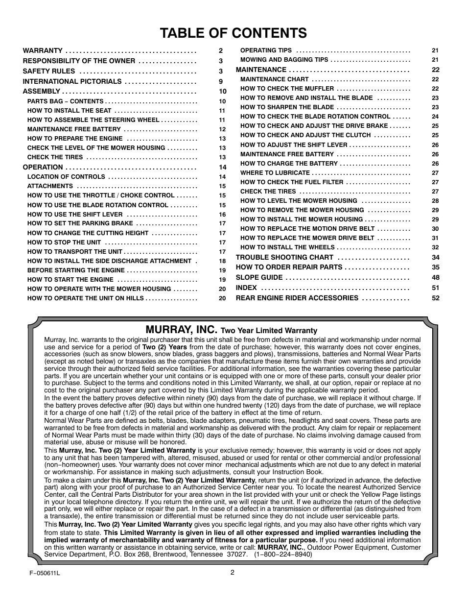 Murray 309007x8B User Manual | Page 2 / 52