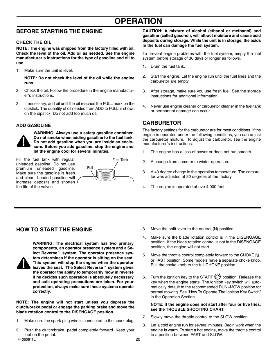 Operation, Before starting the engine, Carburetor | How to start the engine | Murray 309007x8B User Manual | Page 20 / 52