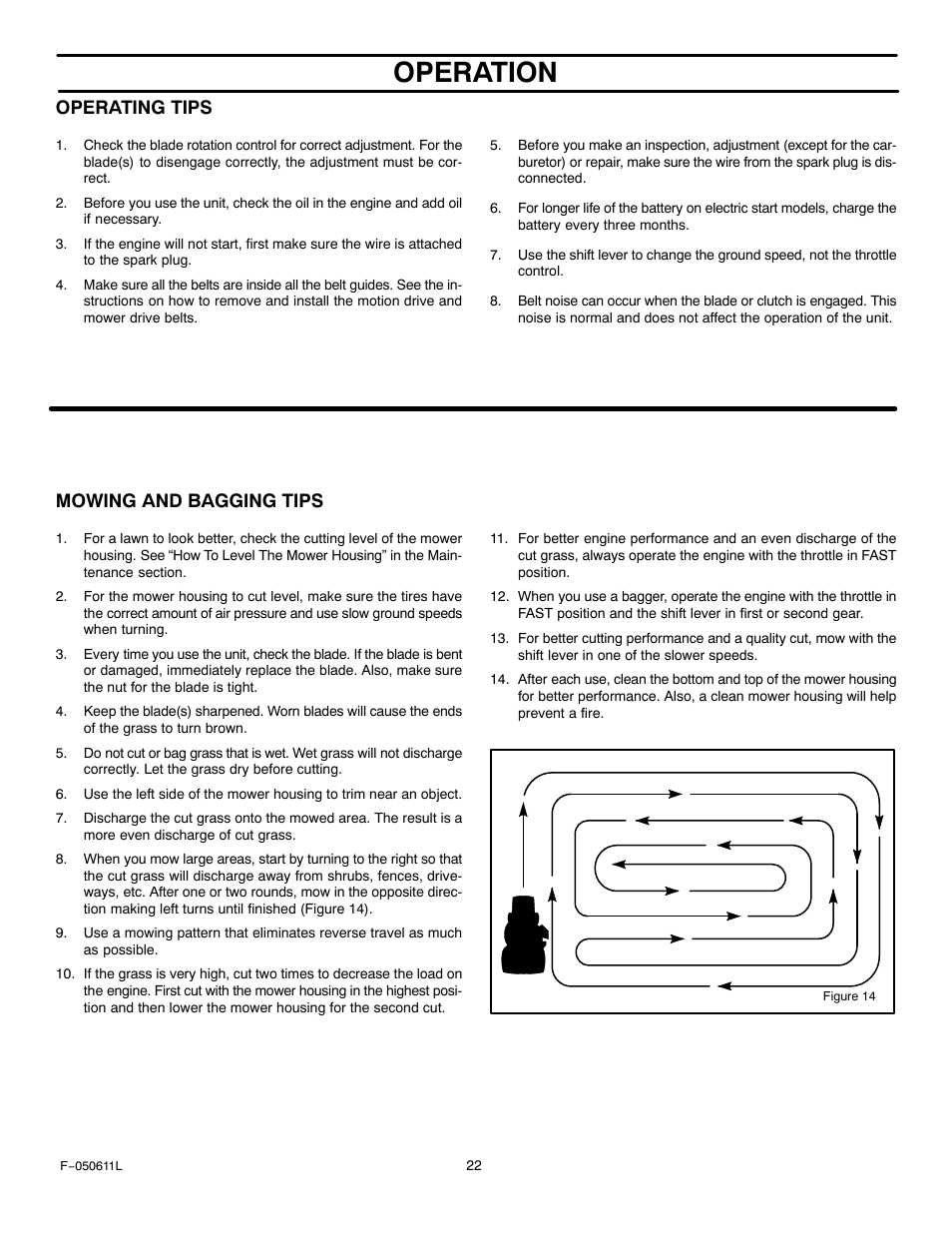 Operation, Operating tips, Mowing and bagging tips | Murray 309007x8B User Manual | Page 22 / 52