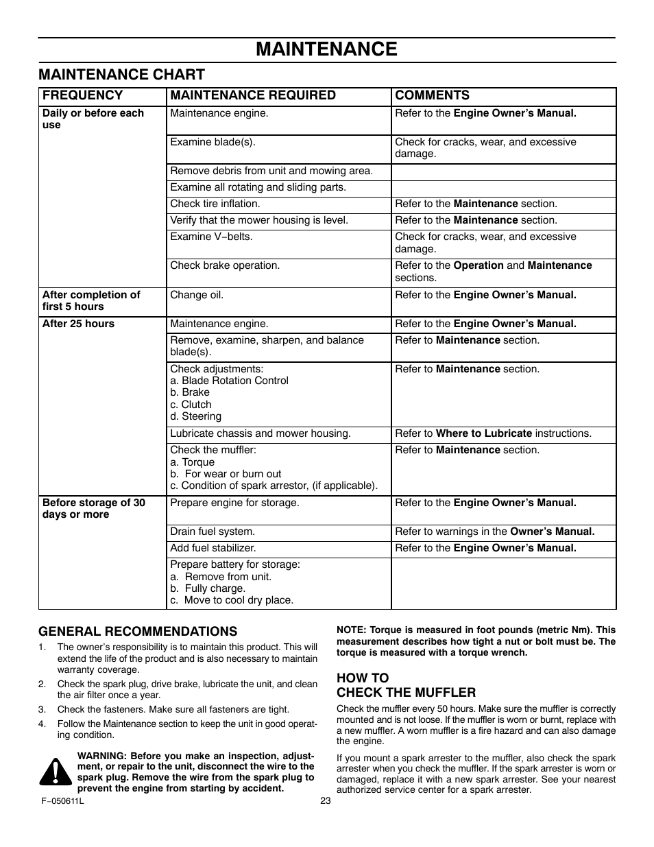 Maintenance, Maintenance chart | Murray 309007x8B User Manual | Page 23 / 52