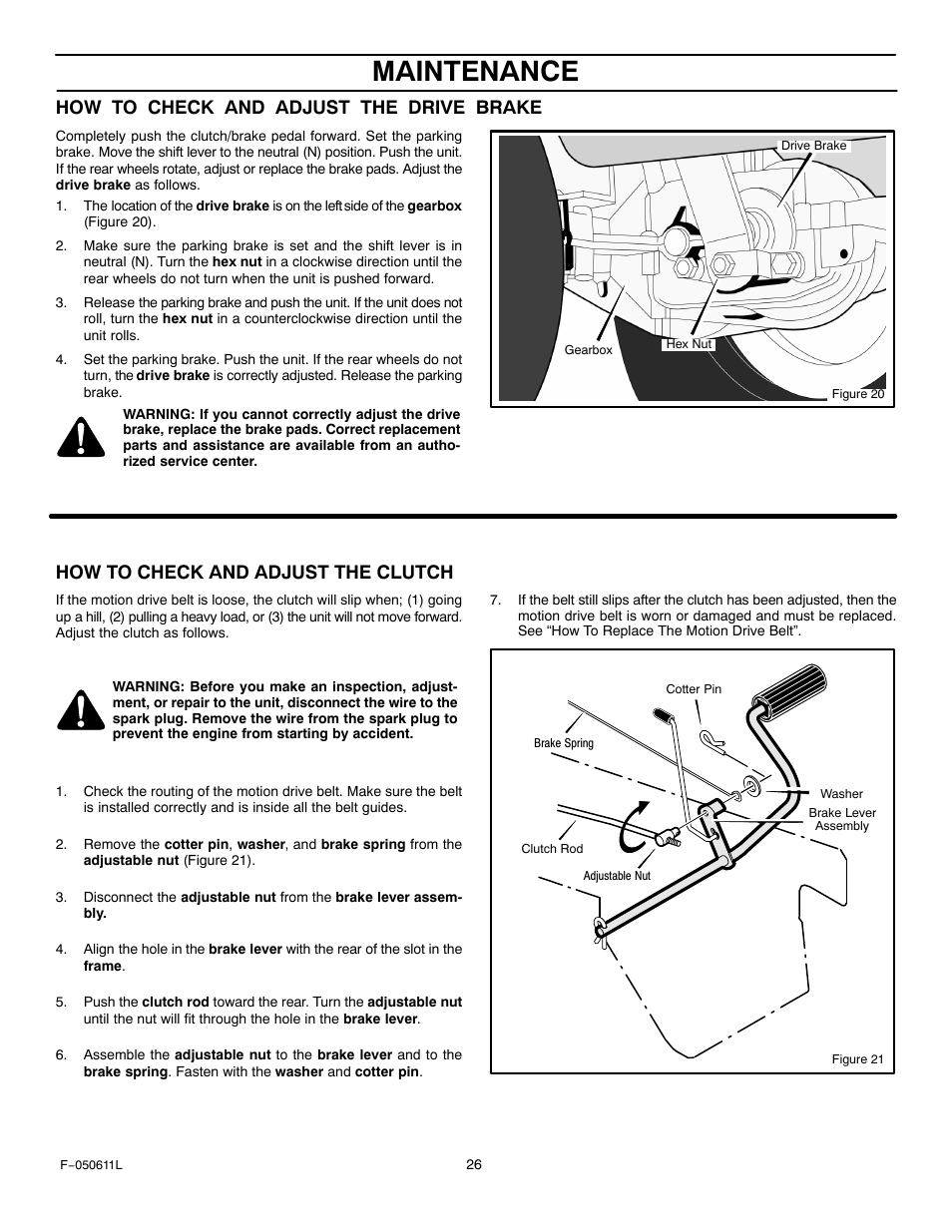 Maintenance, How to check and adjust the drive brake, How to check and adjust the clutch | Murray 309007x8B User Manual | Page 26 / 52