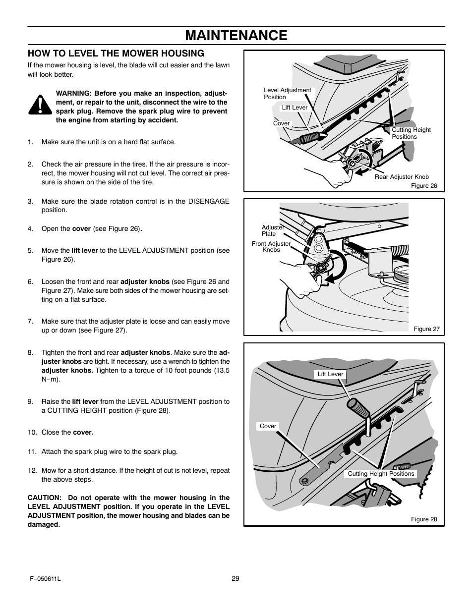 Maintenance, How to level the mower housing | Murray 309007x8B User Manual | Page 29 / 52
