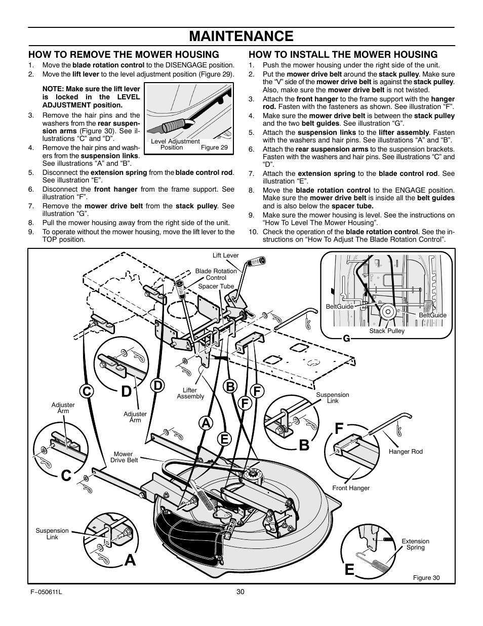 Maintenance, How to remove the mower housing, How to install the mower housing | Murray 309007x8B User Manual | Page 30 / 52