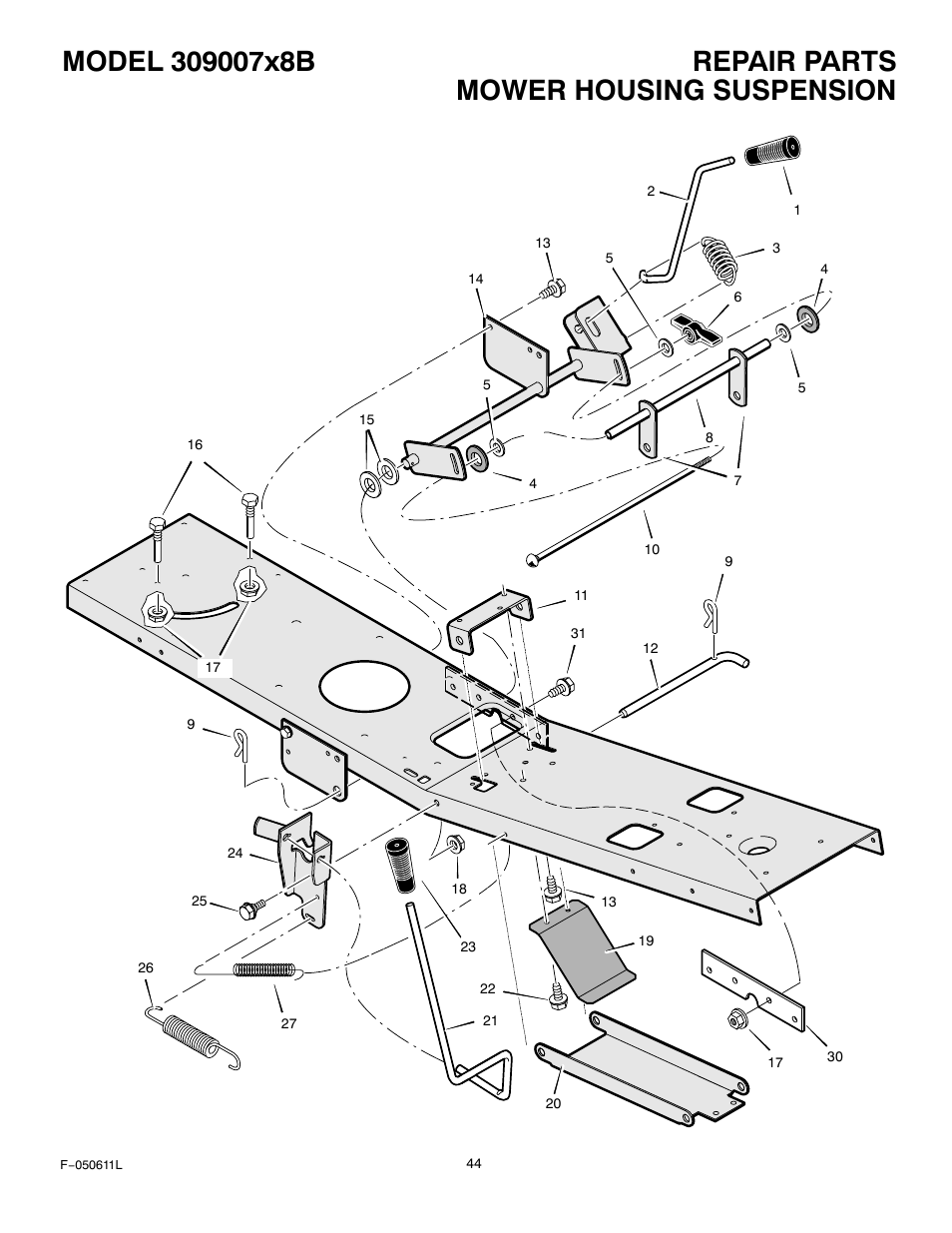 Mower housing suspension | Murray 309007x8B User Manual | Page 44 / 52