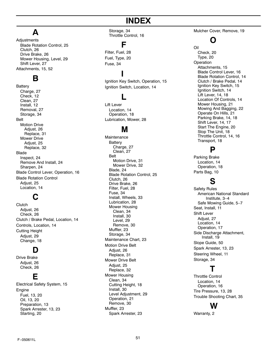 Index | Murray 309007x8B User Manual | Page 51 / 52