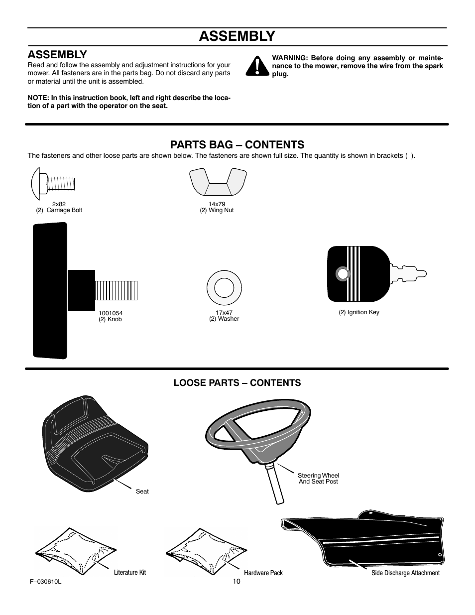 Assembly, Parts bag – contents, Loose parts – contents | Murray 309001x18A User Manual | Page 10 / 52