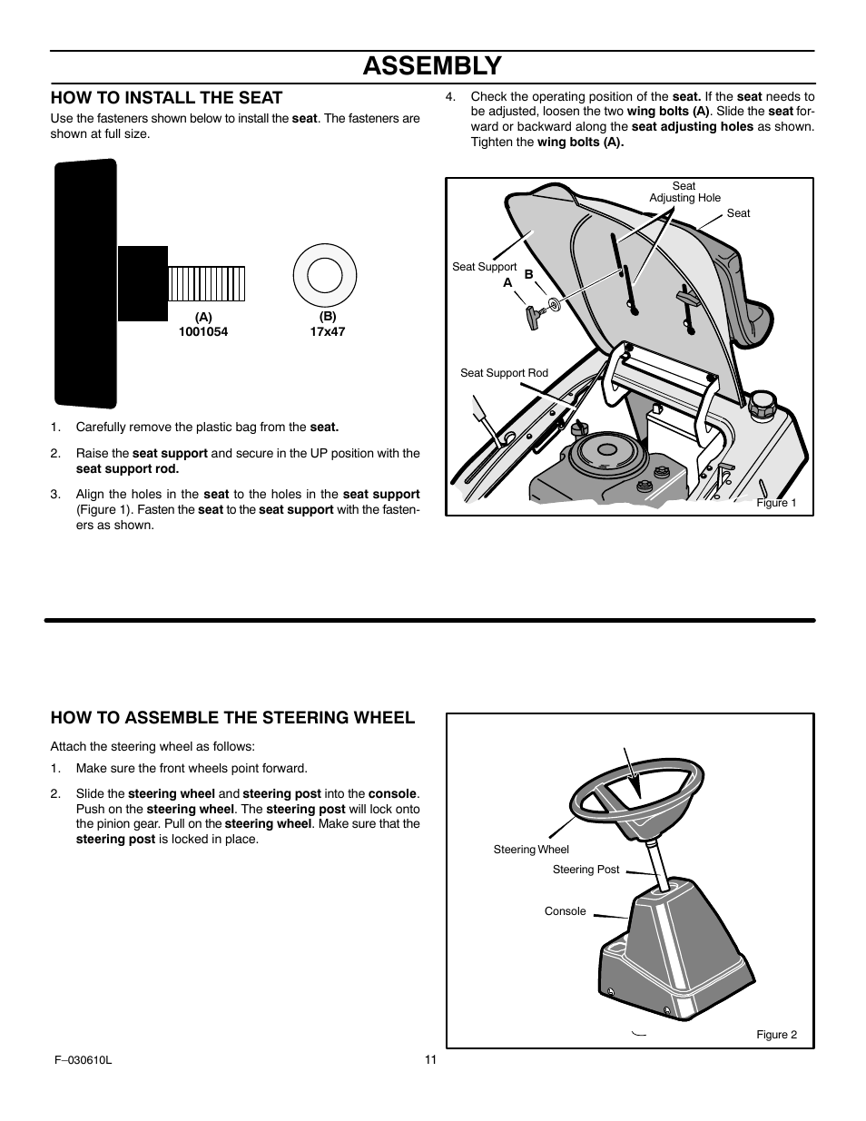 Assembly, How to install the seat, How to assemble the steering wheel | Murray 309001x18A User Manual | Page 11 / 52