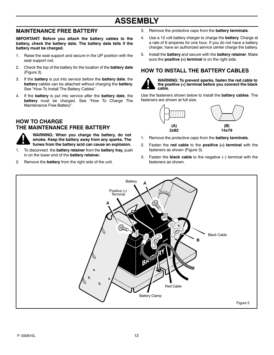 Assembly, Maintenance free battery, How to charge the maintenance free battery | How to install the battery cables | Murray 309001x18A User Manual | Page 12 / 52