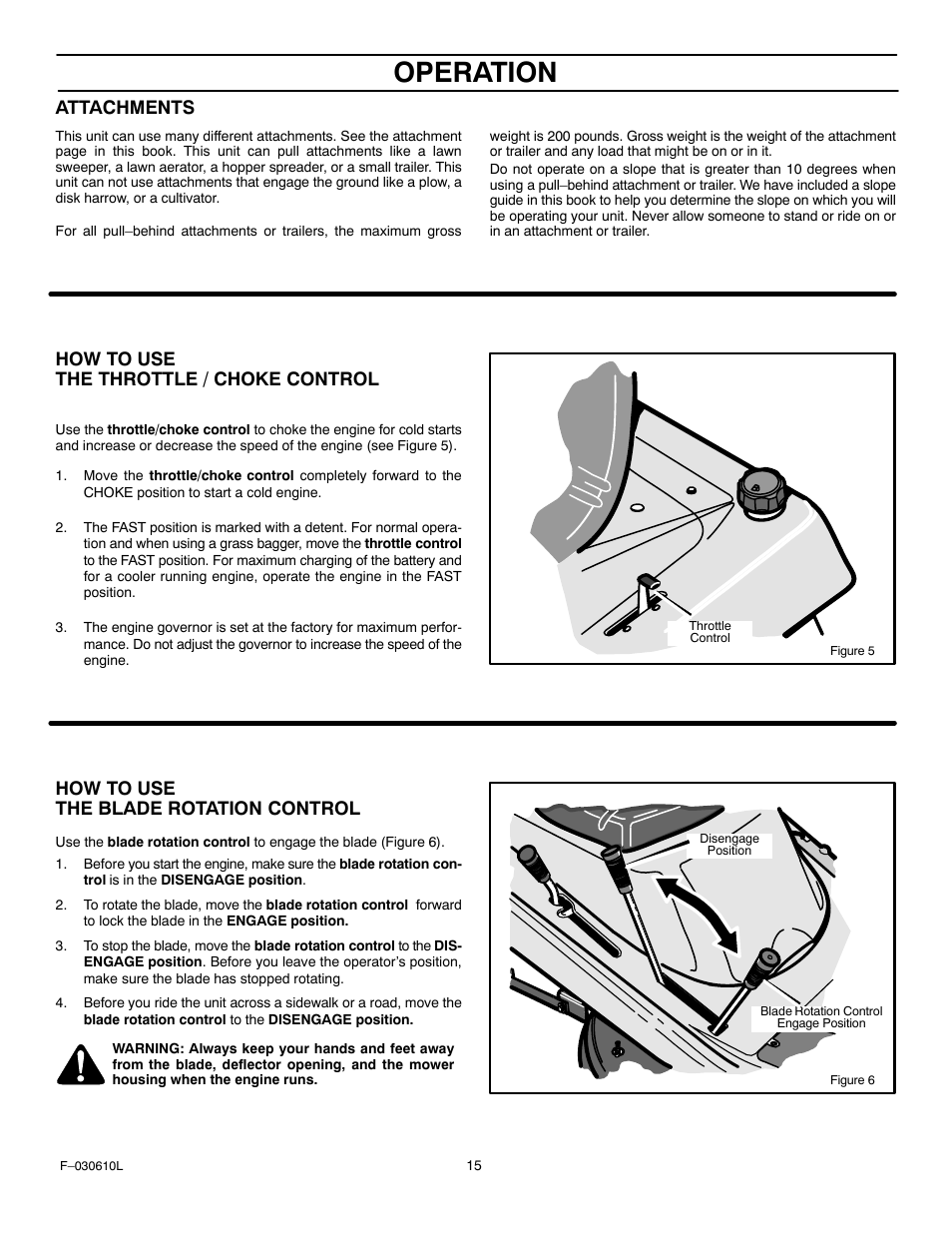 Operation, Attachments, How to use the throttle / choke control | How to use the blade rotation control | Murray 309001x18A User Manual | Page 15 / 52