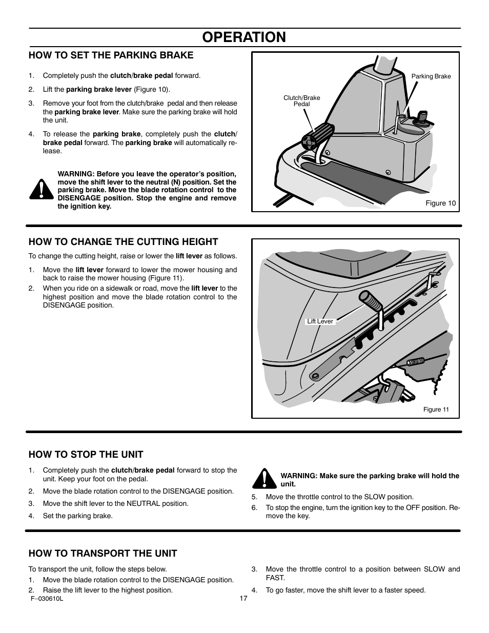 Operation, How to set the parking brake, How to change the cutting height | How to stop the unit, How to transport the unit | Murray 309001x18A User Manual | Page 17 / 52