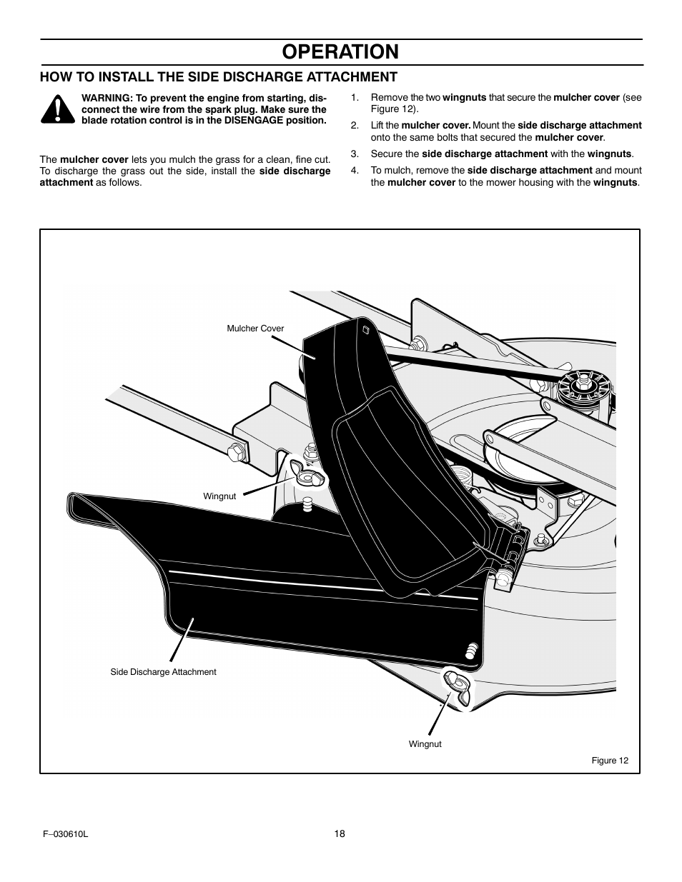 Operation, How to install the side discharge attachment | Murray 309001x18A User Manual | Page 18 / 52