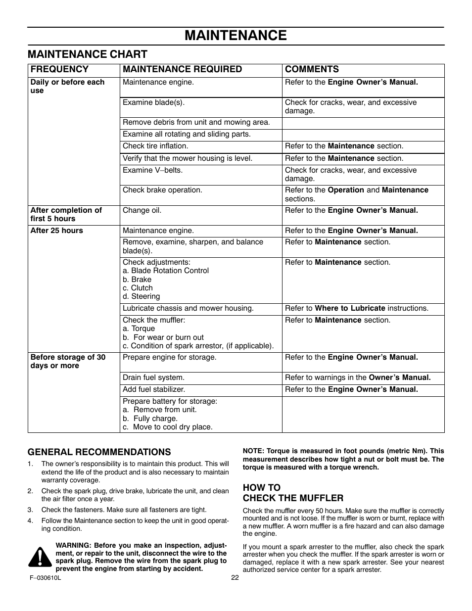 Maintenance, Maintenance chart | Murray 309001x18A User Manual | Page 22 / 52