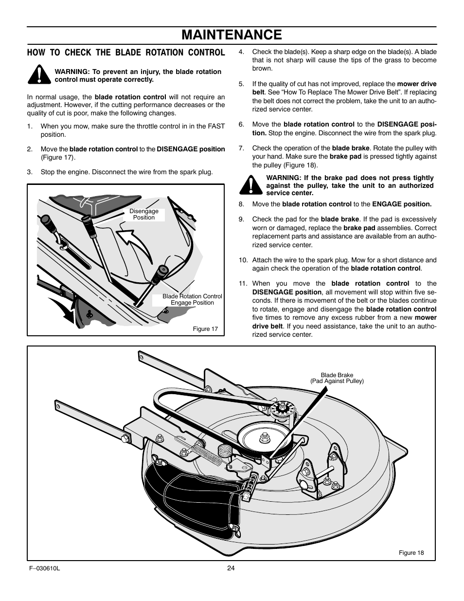 Maintenance, How to check the blade rotation control | Murray 309001x18A User Manual | Page 24 / 52