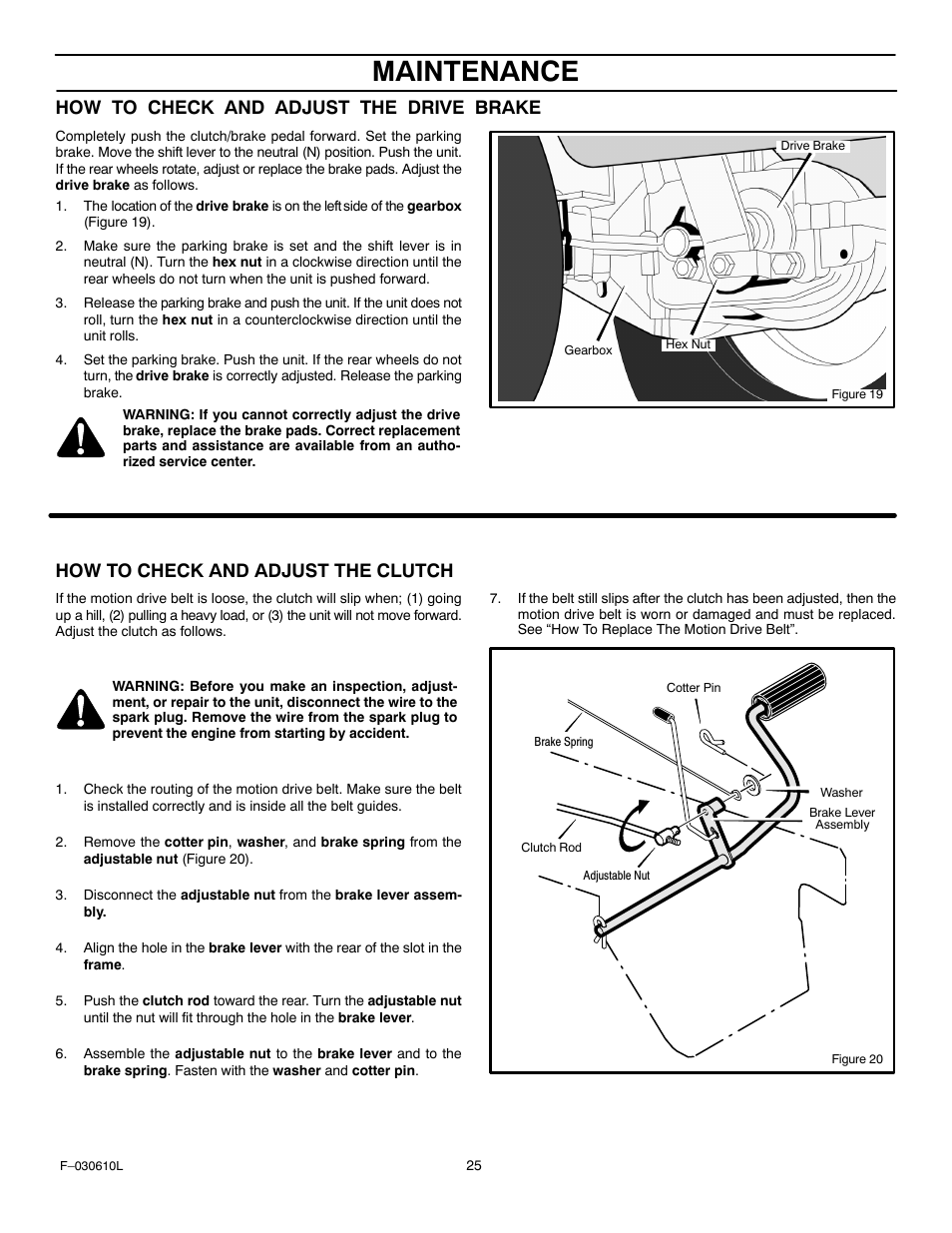 Maintenance, How to check and adjust the drive brake, How to check and adjust the clutch | Murray 309001x18A User Manual | Page 25 / 52