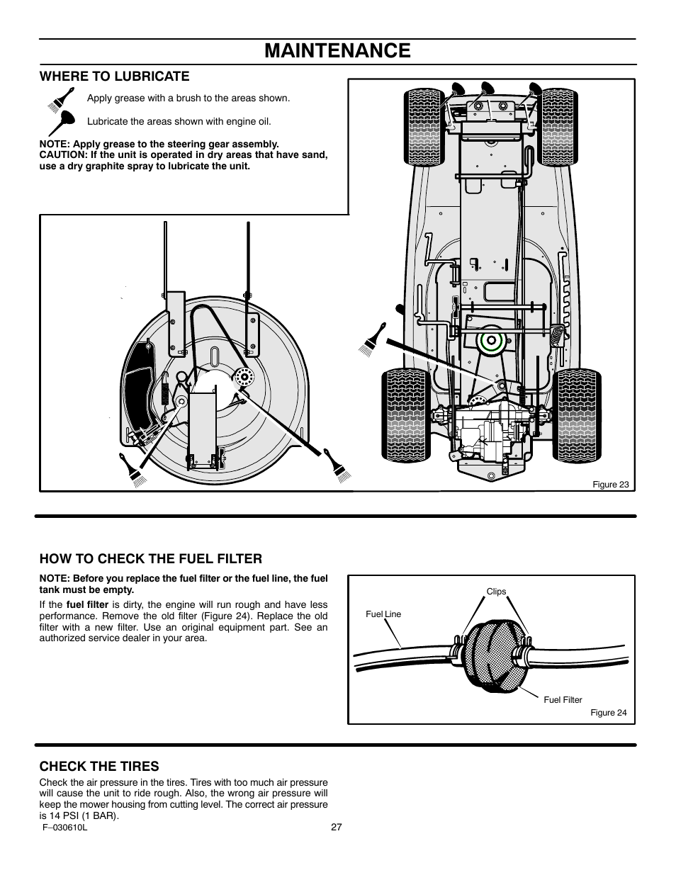 Maintenance, Where to lubricate, How to check the fuel filter | Check the tires | Murray 309001x18A User Manual | Page 27 / 52
