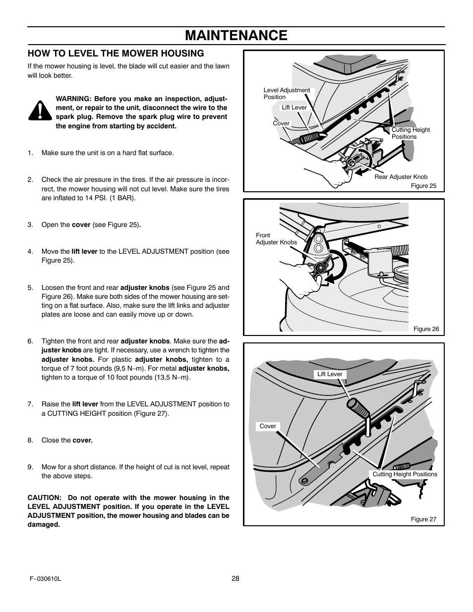 Maintenance, How to level the mower housing | Murray 309001x18A User Manual | Page 28 / 52