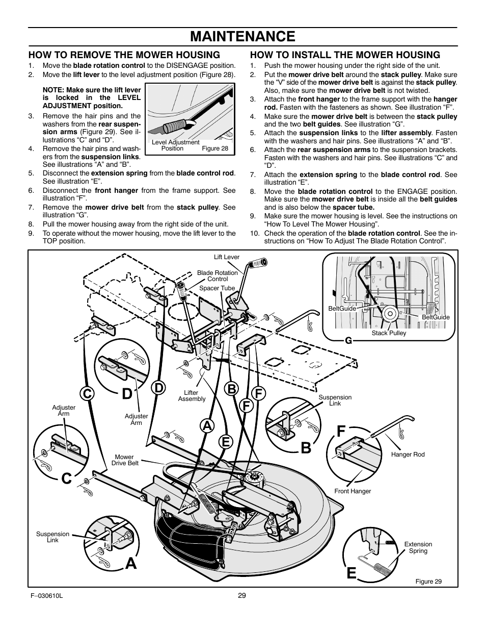 Maintenance, How to remove the mower housing, How to install the mower housing | Murray 309001x18A User Manual | Page 29 / 52
