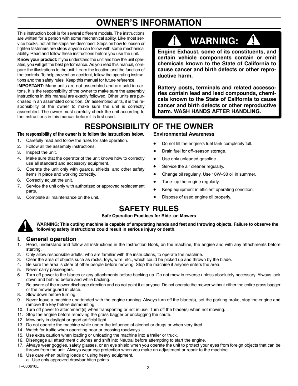 Owner’s information, Responsibility of the owner, Safety rules | Murray 309001x18A User Manual | Page 3 / 52