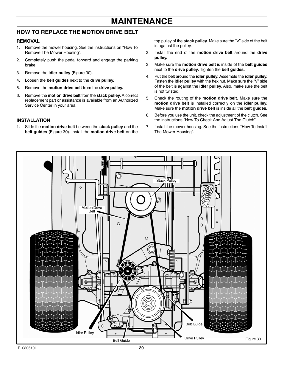 Maintenance, How to replace the motion drive belt | Murray 309001x18A User Manual | Page 30 / 52