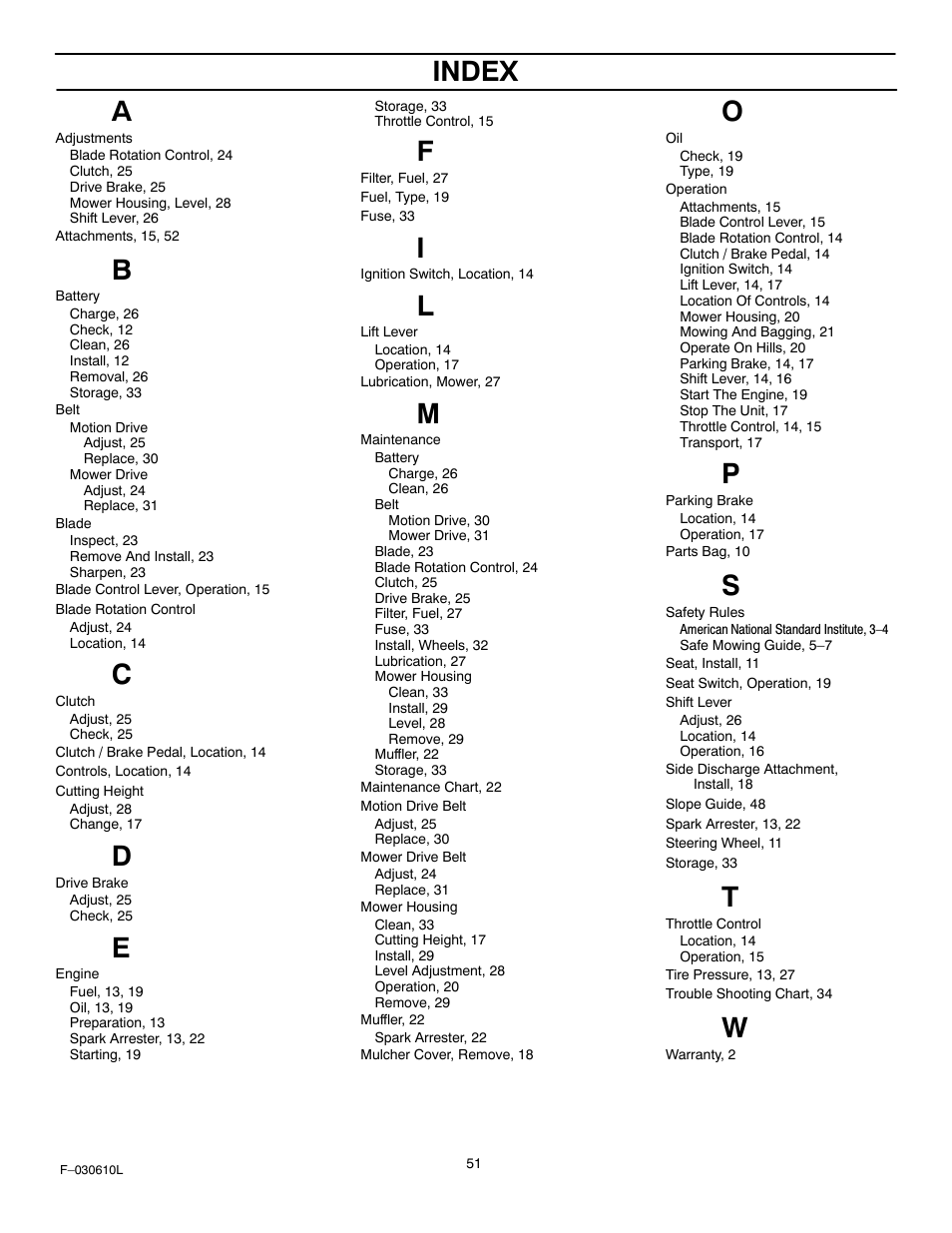 Index | Murray 309001x18A User Manual | Page 51 / 52