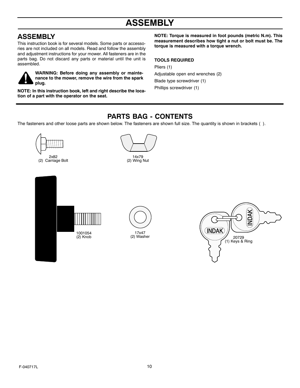 Assembly, Parts bag - contents | Murray 387002x92A User Manual | Page 10 / 52