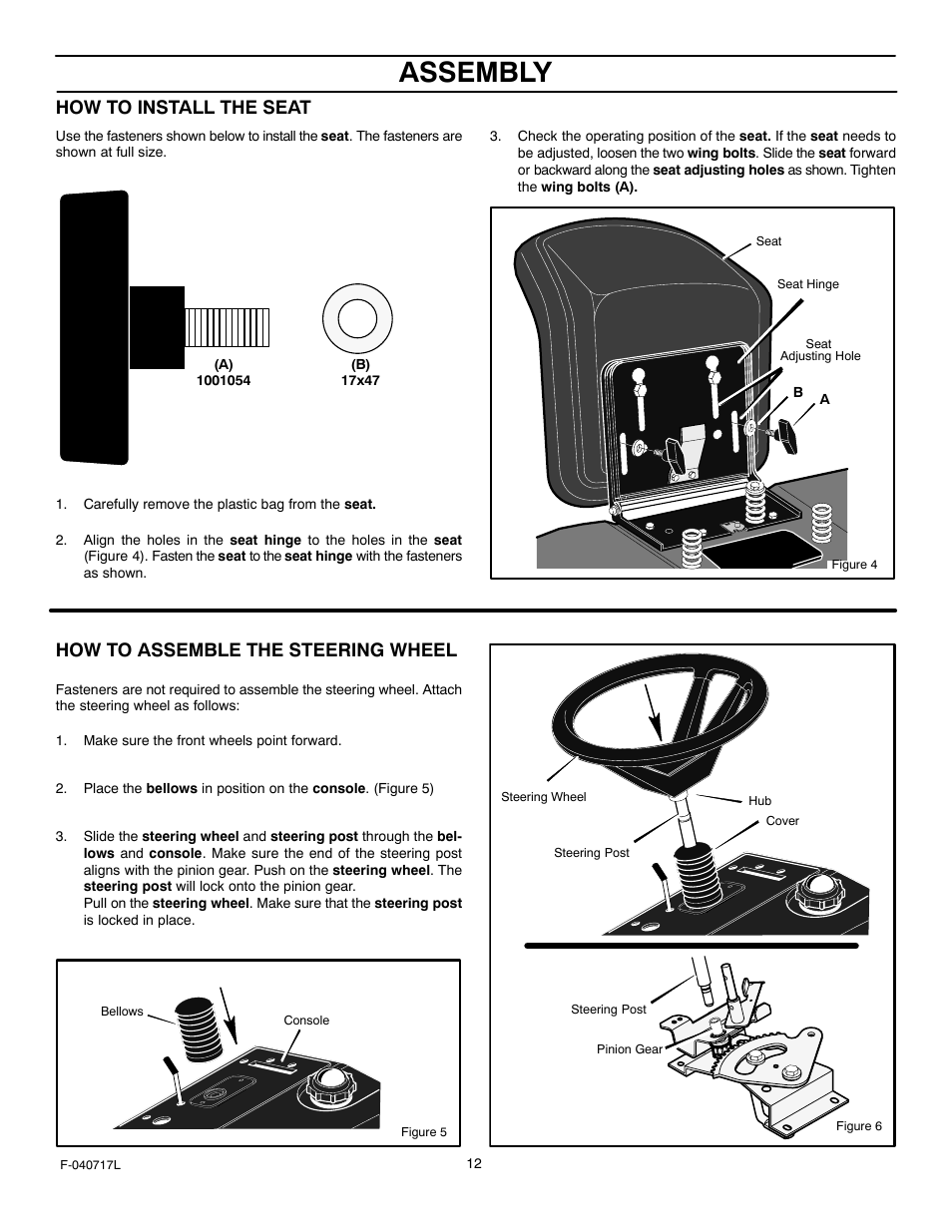 Assembly, How to install the seat, How to assemble the steering wheel | Murray 387002x92A User Manual | Page 12 / 52