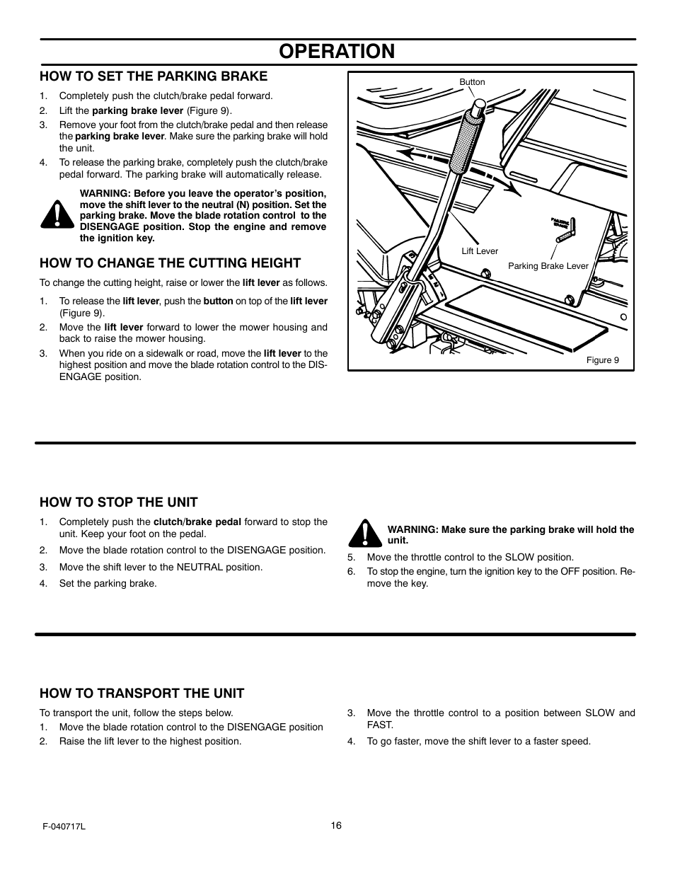 Operation, How to set the parking brake, How to change the cutting height | How to stop the unit, How to transport the unit | Murray 387002x92A User Manual | Page 16 / 52