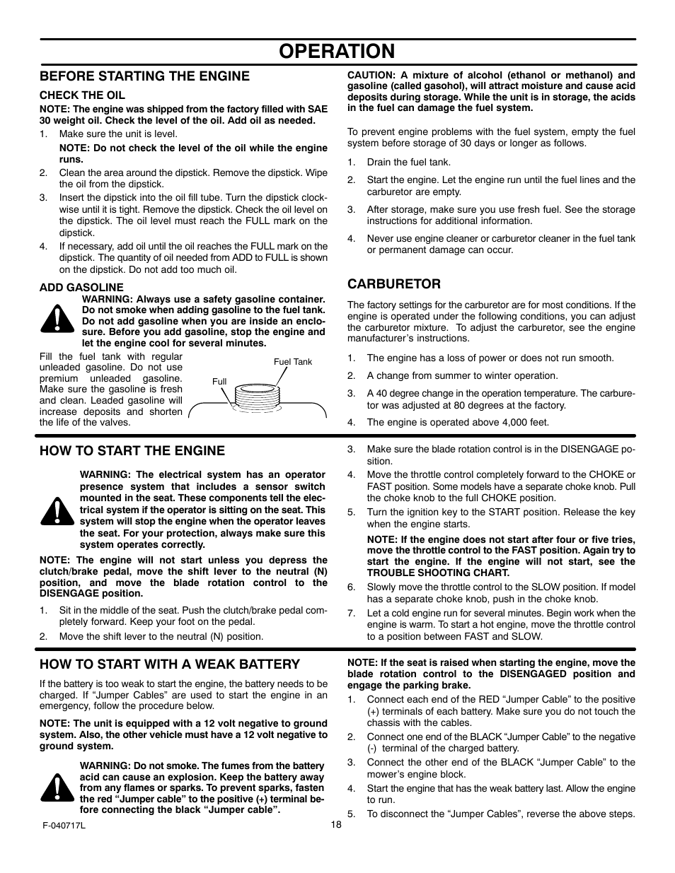 Operation, Before starting the engine, Carburetor | How to start the engine, How to start with a weak battery | Murray 387002x92A User Manual | Page 18 / 52