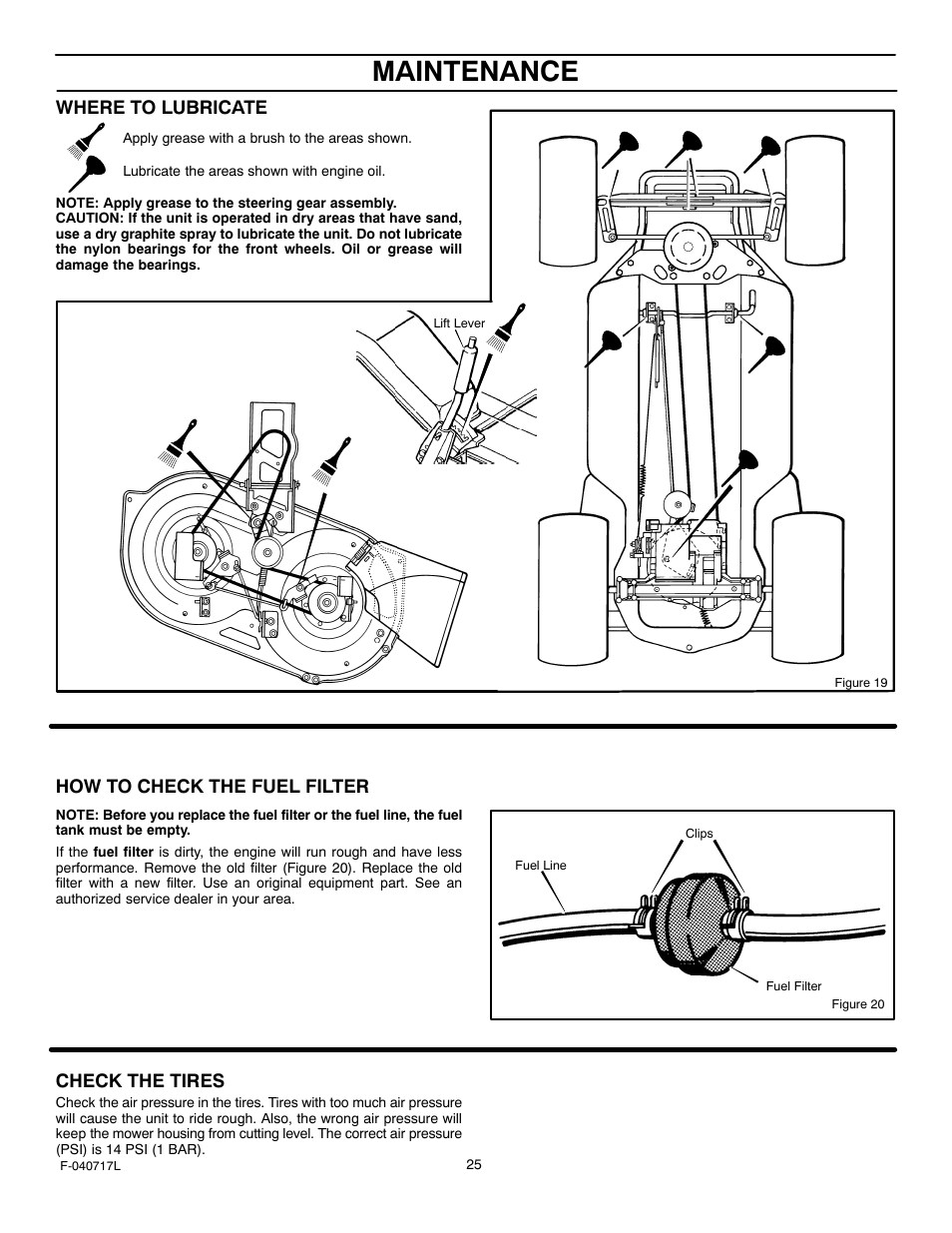 Maintenance, Where to lubricate, How to check the fuel filter | Check the tires | Murray 387002x92A User Manual | Page 25 / 52