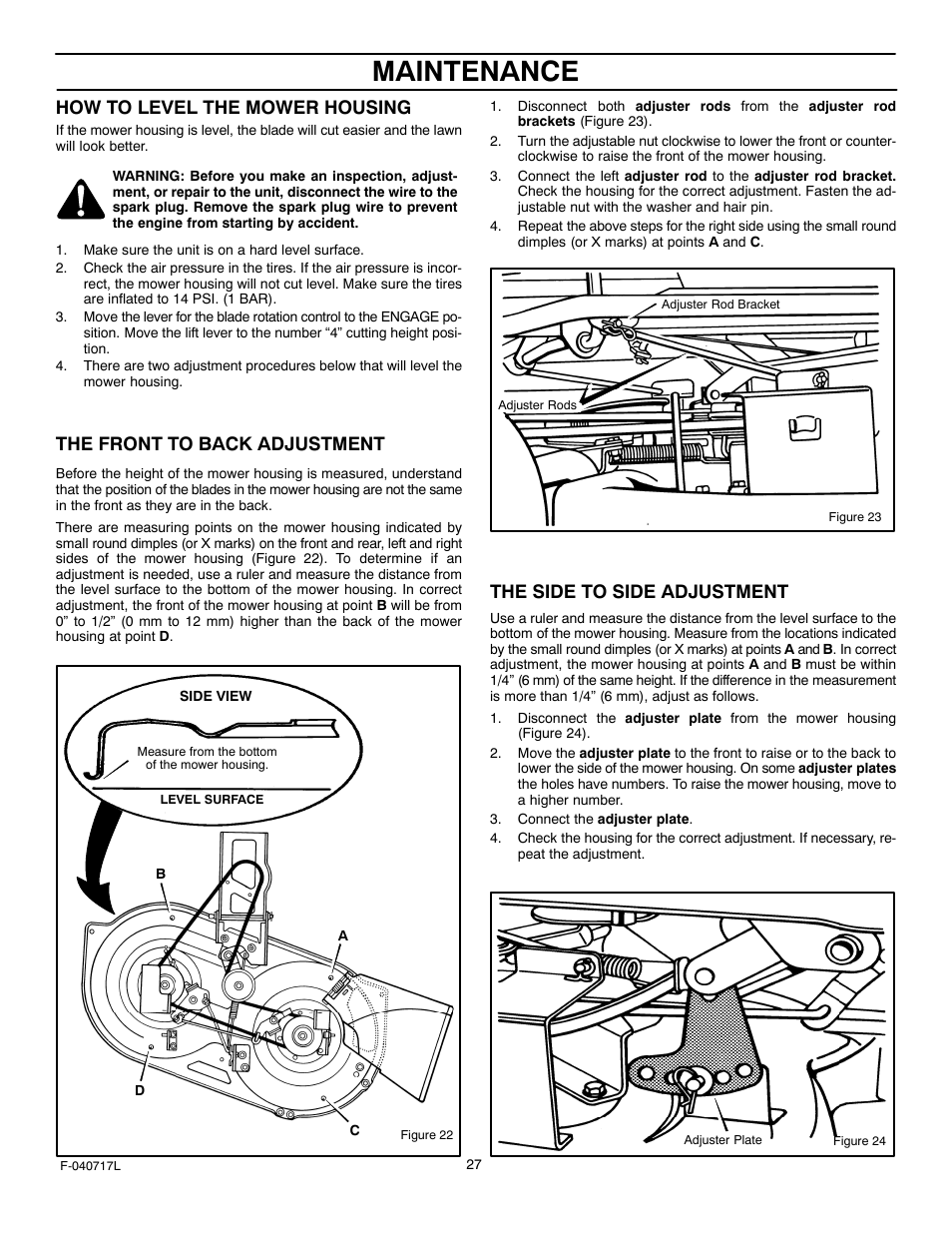 Maintenance, How to level the mower housing, The front to back adjustment | The side to side adjustment | Murray 387002x92A User Manual | Page 27 / 52