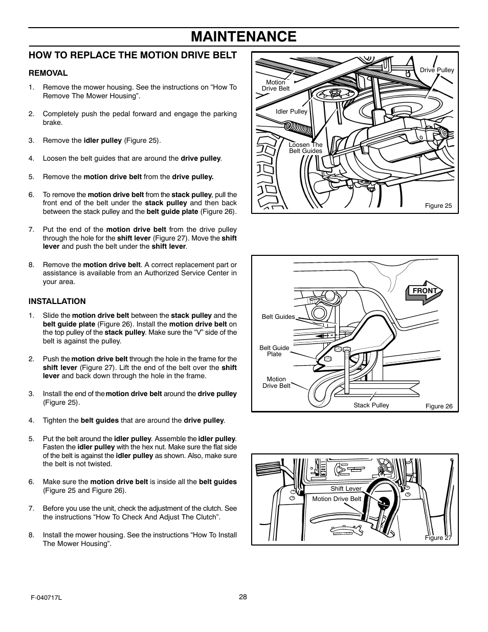 Maintenance, How to replace the motion drive belt | Murray 387002x92A User Manual | Page 28 / 52