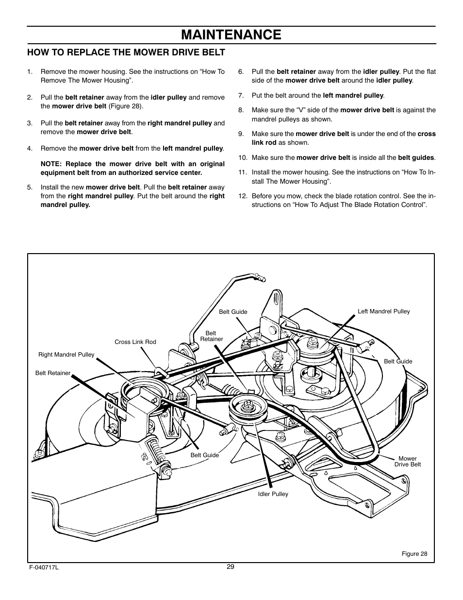 Maintenance, How to replace the mower drive belt | Murray 387002x92A User Manual | Page 29 / 52