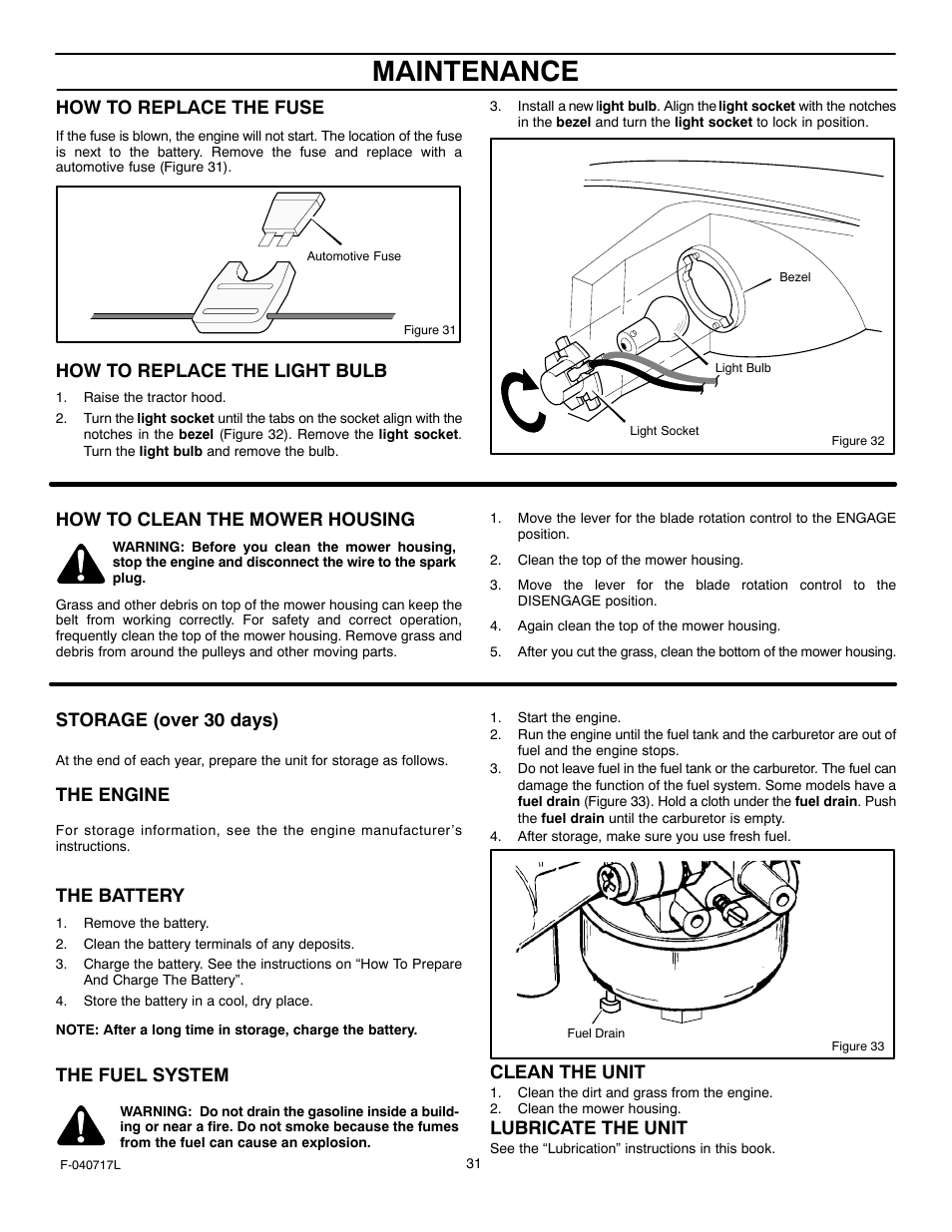 Maintenance, How to replace the fuse, How to replace the light bulb | How to clean the mower housing, Storage (over 30 days), The engine, The battery, The fuel system, Clean the unit, Lubricate the unit | Murray 387002x92A User Manual | Page 31 / 52