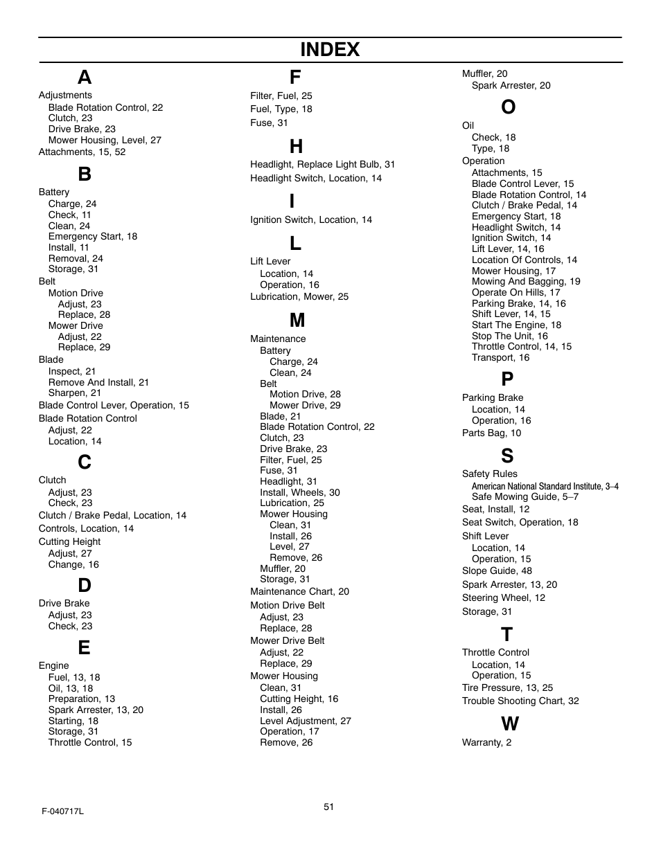 Index | Murray 387002x92A User Manual | Page 51 / 52