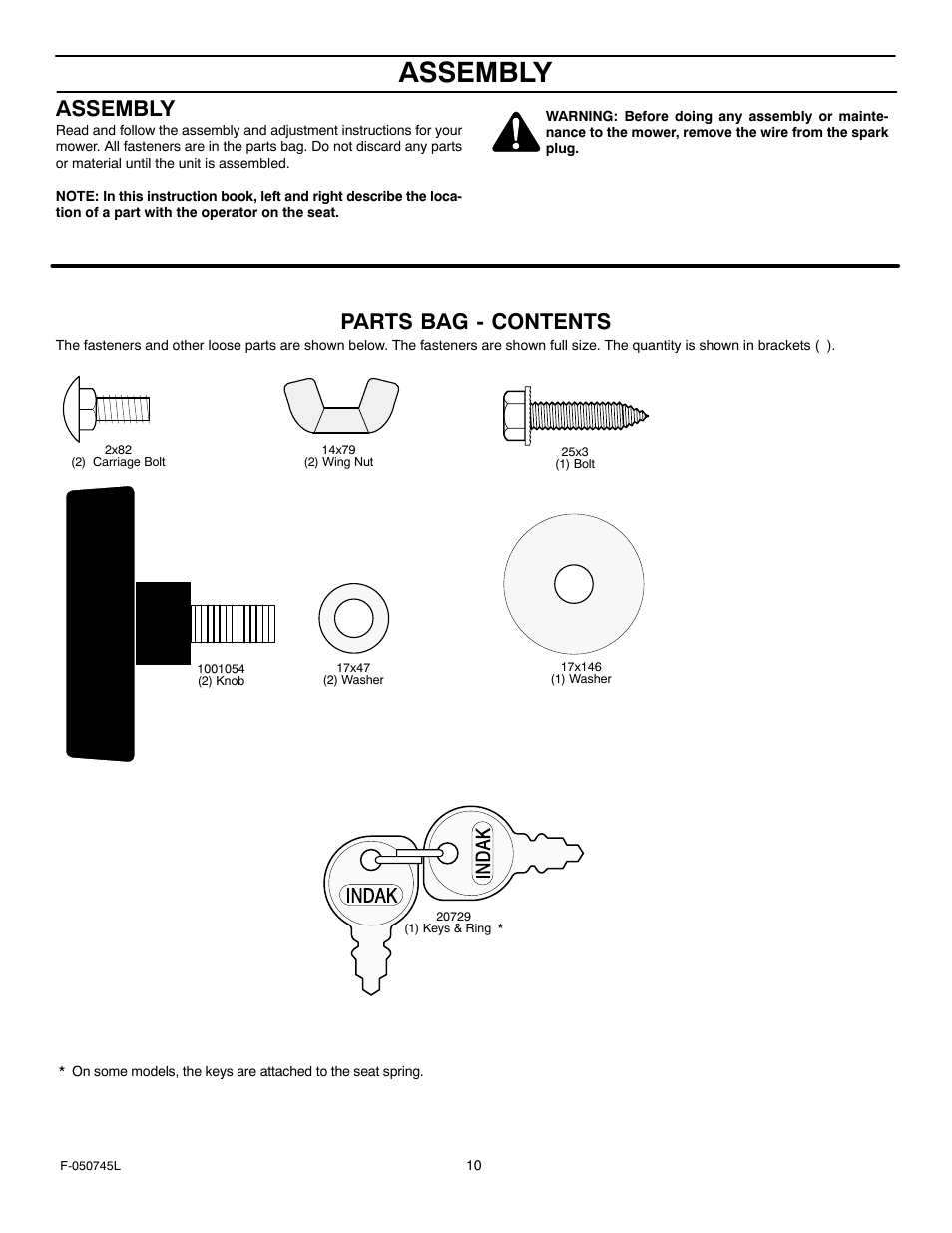 Assembly, Parts bag - contents | Murray 405011x48A User Manual | Page 10 / 52