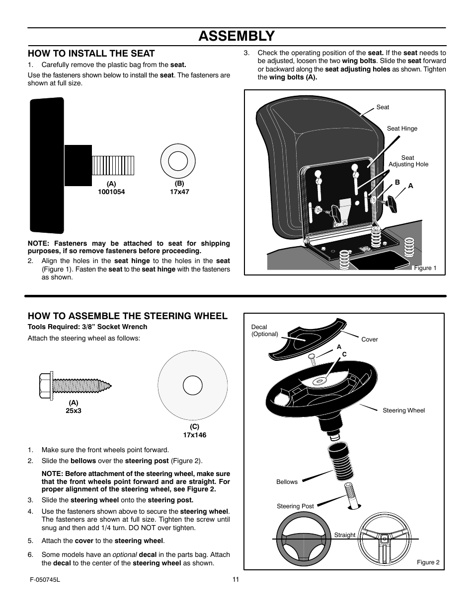 Assembly, How to install the seat, How to assemble the steering wheel | Murray 405011x48A User Manual | Page 11 / 52
