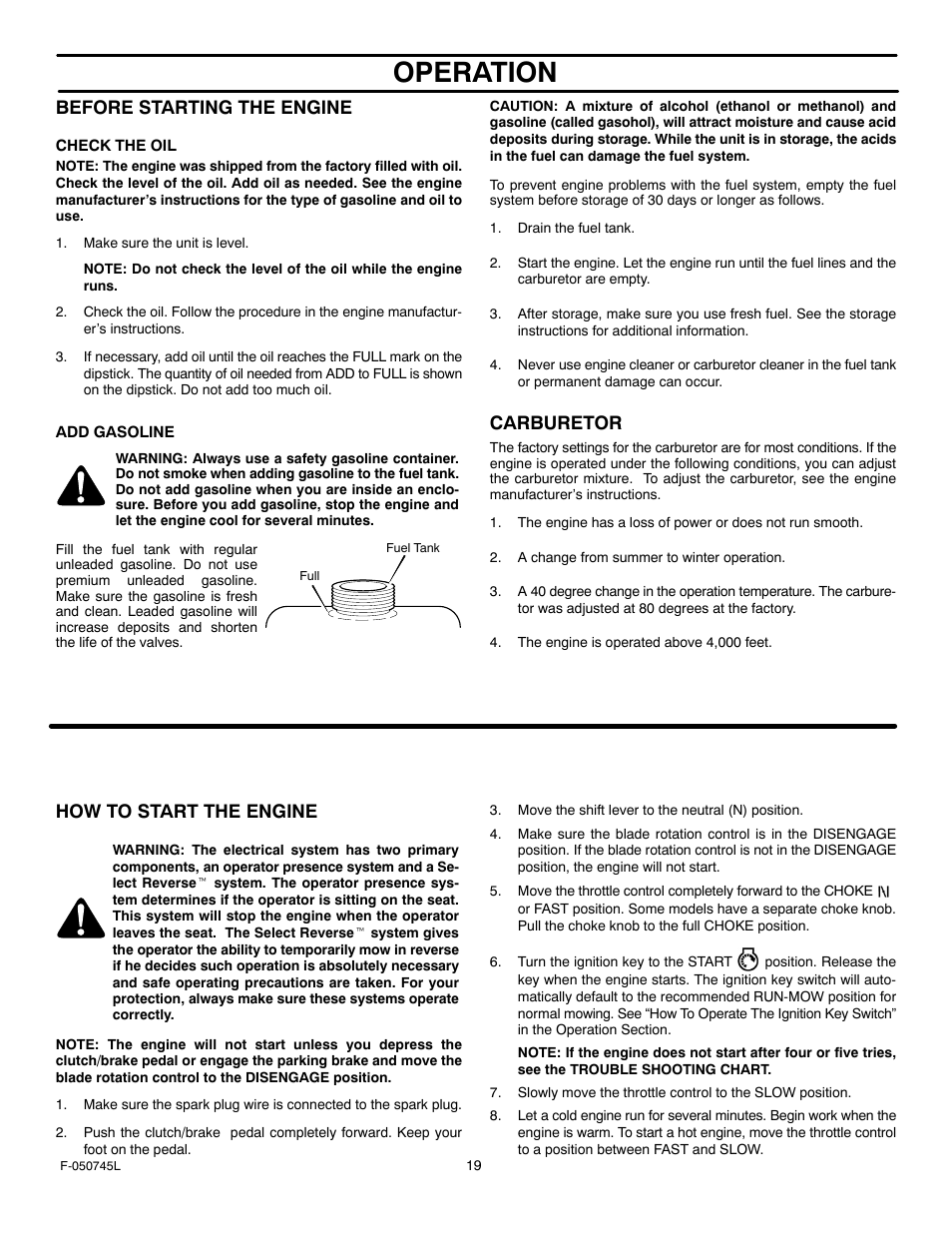 Operation, Before starting the engine, Carburetor | How to start the engine | Murray 405011x48A User Manual | Page 19 / 52