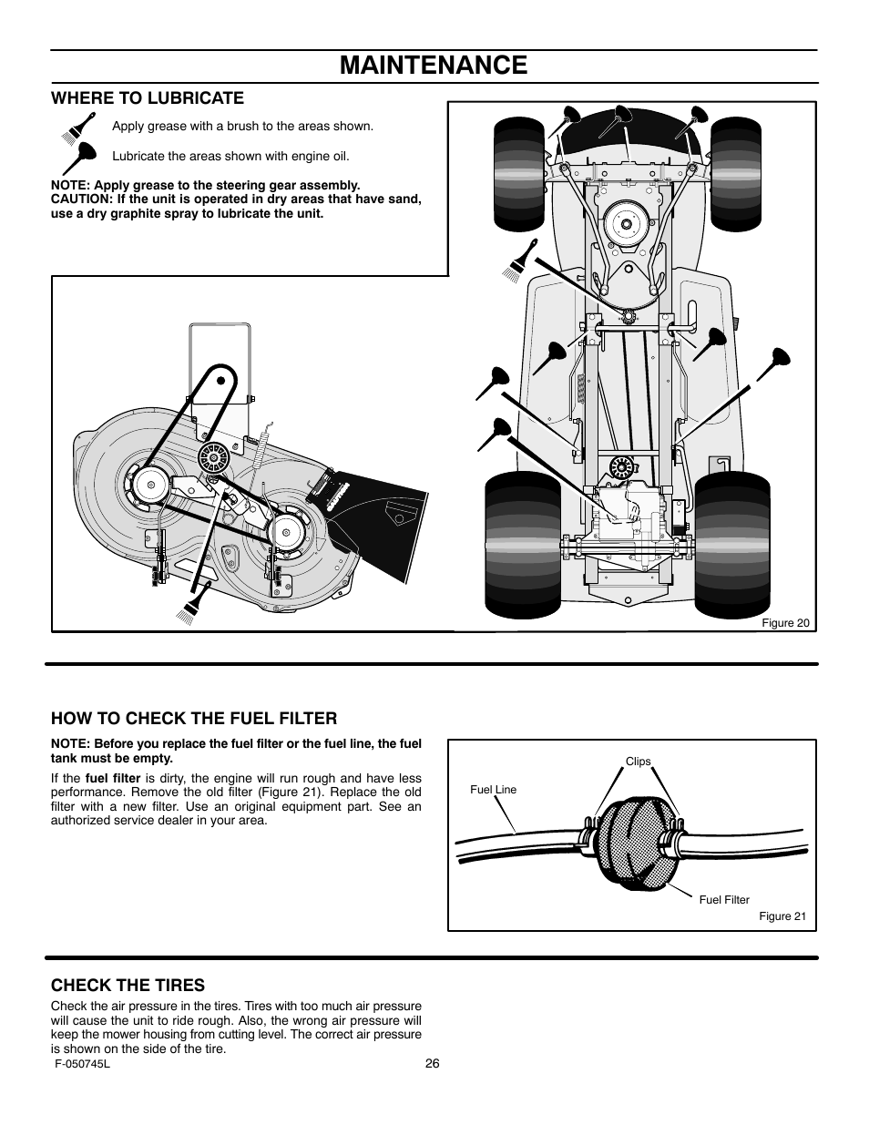 Maintenance, Where to lubricate, How to check the fuel filter | Check the tires | Murray 405011x48A User Manual | Page 26 / 52