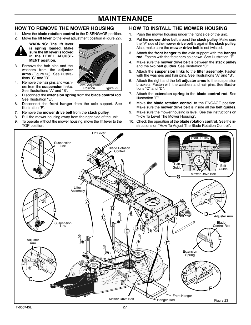 Maintenance, How to remove the mower housing, How to install the mower housing | Murray 405011x48A User Manual | Page 27 / 52