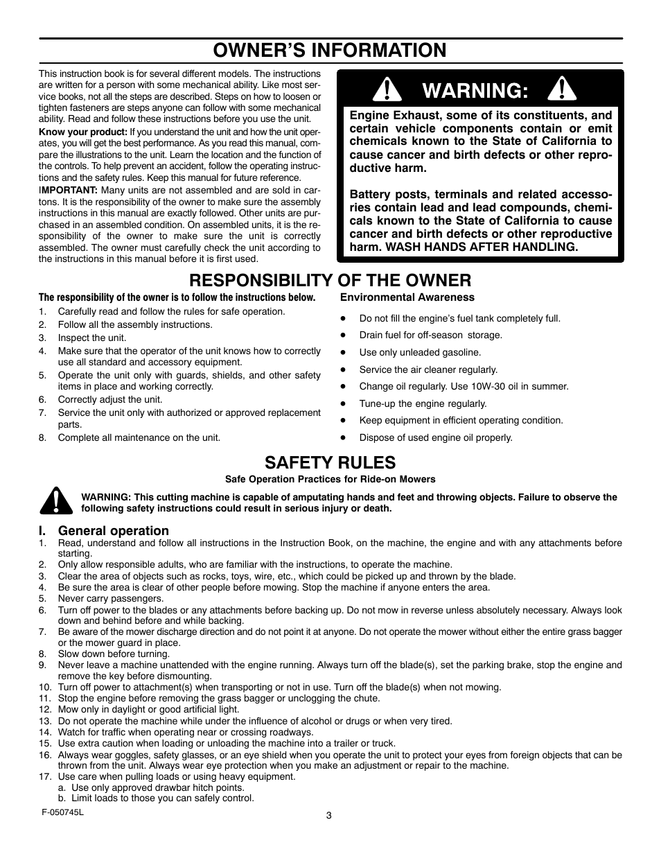 Owner’s information, Responsibility of the owner, Safety rules | Murray 405011x48A User Manual | Page 3 / 52