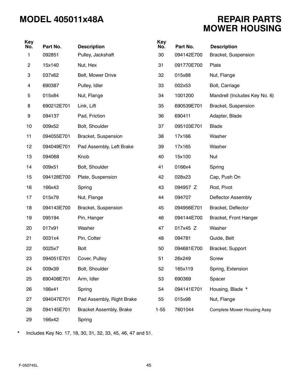 Mower housing | Murray 405011x48A User Manual | Page 45 / 52