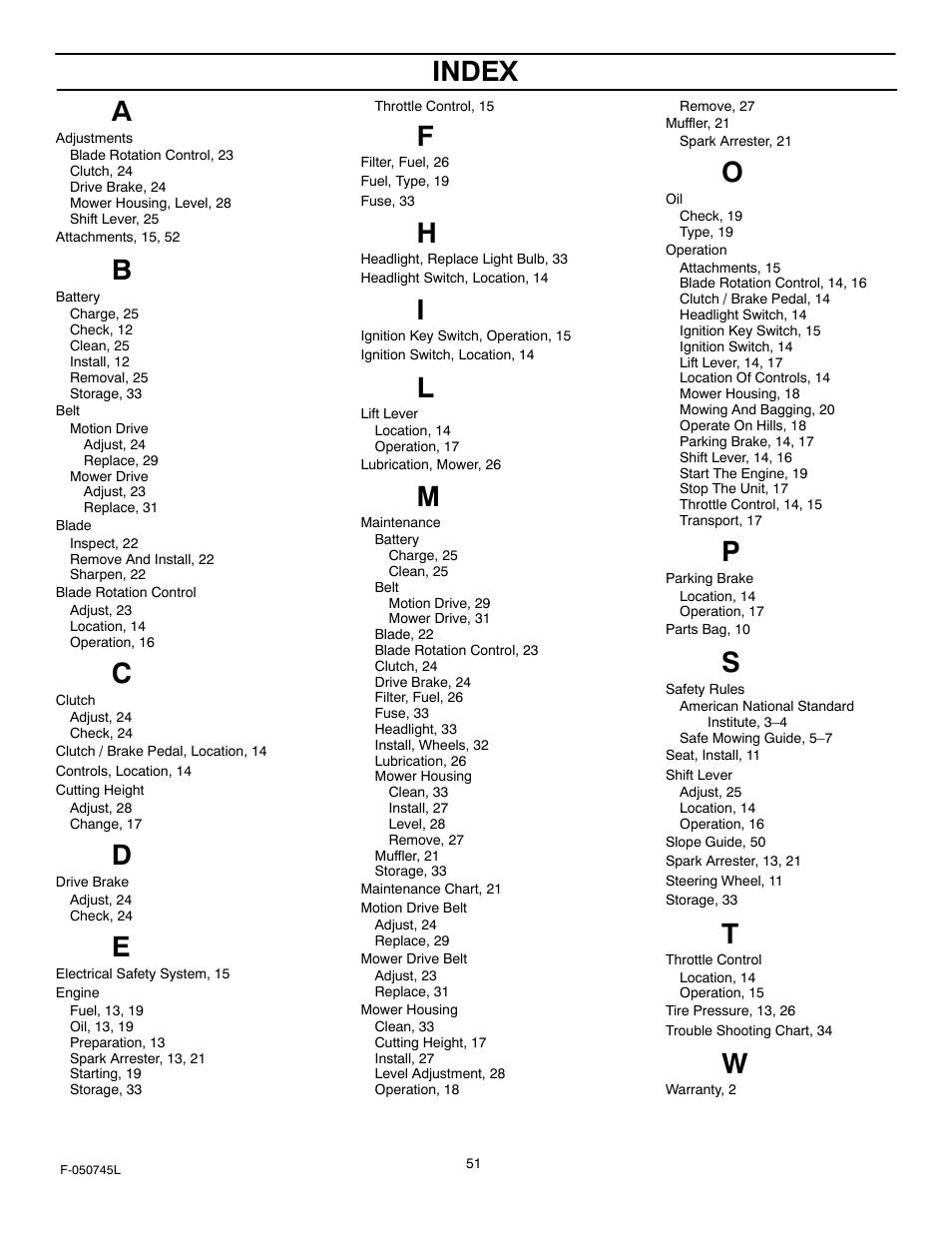 Index | Murray 405011x48A User Manual | Page 51 / 52