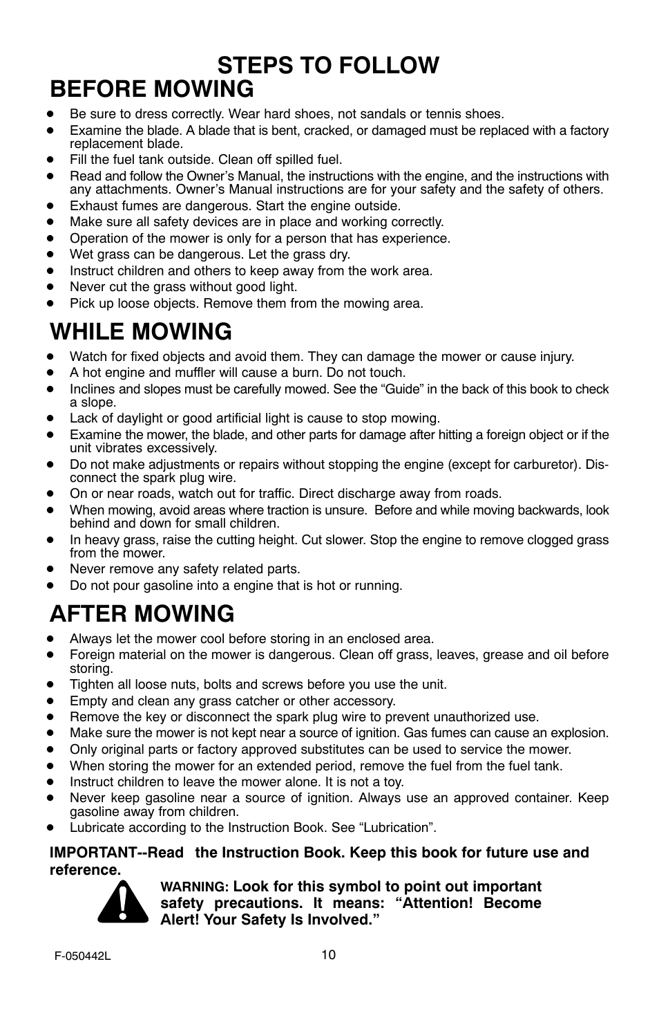 Steps to follow, Before mowing, While mowing | After mowing | Murray 22" Front Drive User Manual | Page 10 / 32