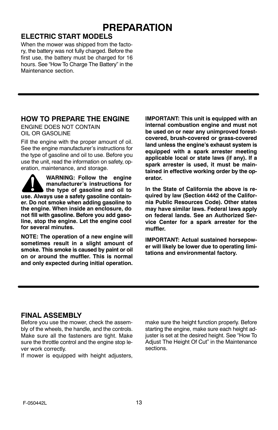 Preparation, Electric start models, How to prepare the engine | Final assembly | Murray 22" Front Drive User Manual | Page 13 / 32