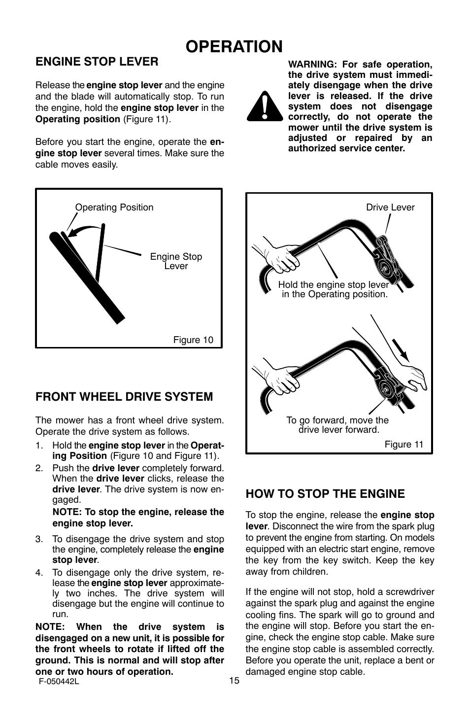 Operation, Engine stop lever, Front wheel drive system | How to stop the engine | Murray 22" Front Drive User Manual | Page 15 / 32