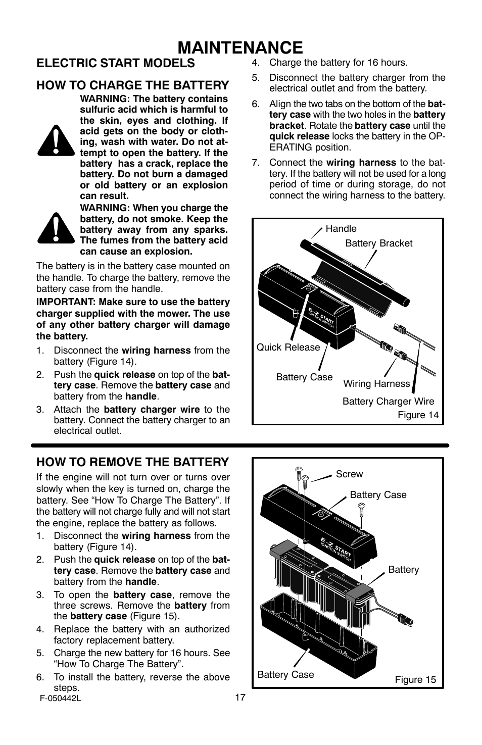 Maintenance, Electric start models how to charge the battery, How to remove the battery | Murray 22" Front Drive User Manual | Page 17 / 32