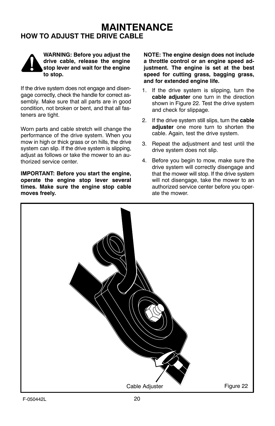 Maintenance, How to adjust the drive cable | Murray 22" Front Drive User Manual | Page 20 / 32