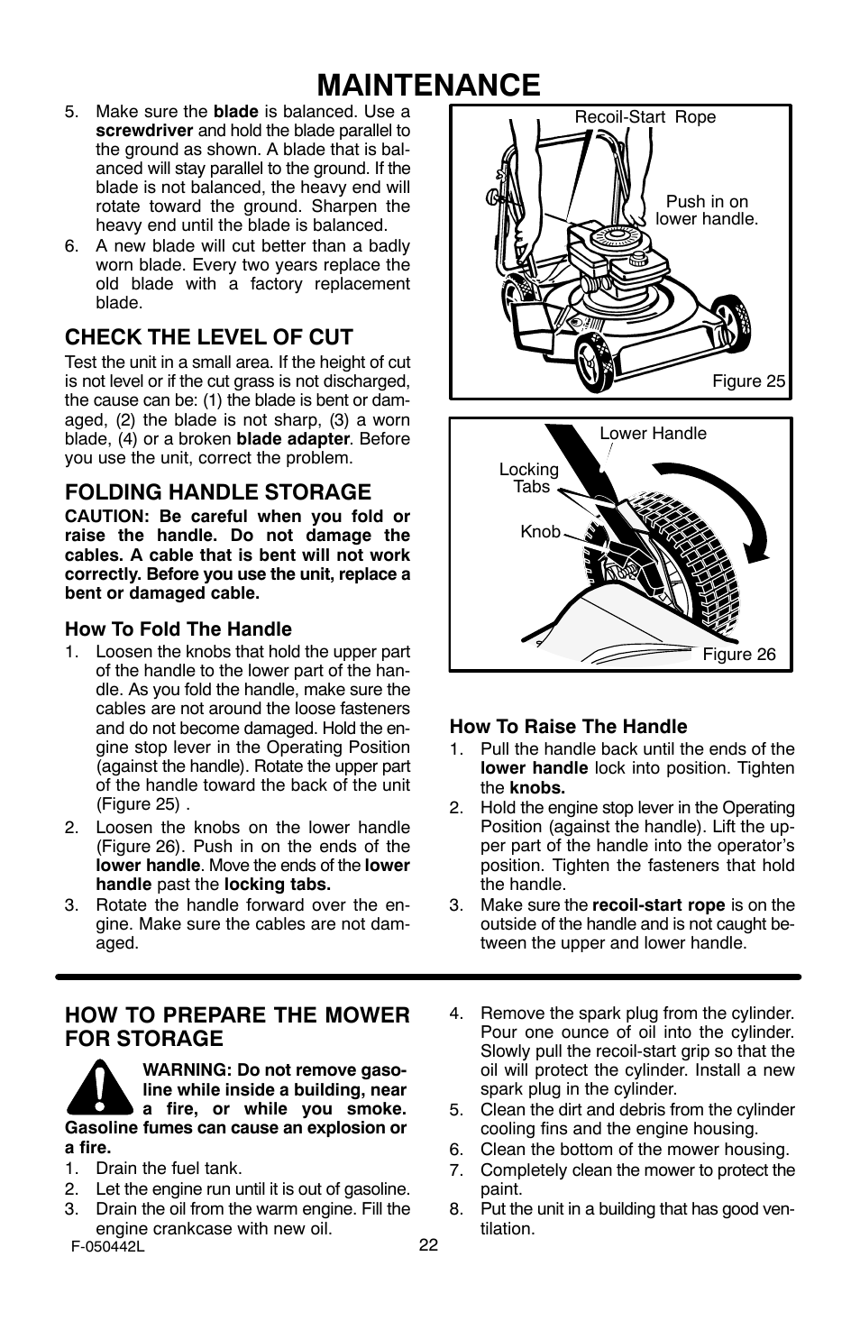 Maintenance, Check the level of cut, Folding handle storage | How to prepare the mower for storage | Murray 22" Front Drive User Manual | Page 22 / 32