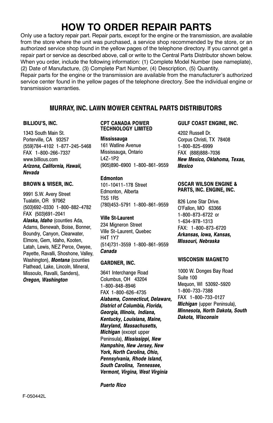 How to order repair parts, Murray, inc. lawn mower central parts distributors | Murray 22" Front Drive User Manual | Page 32 / 32