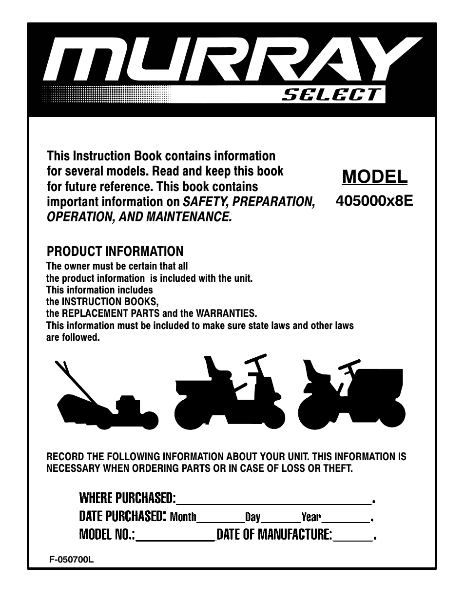 Murray 405000x8E User Manual | 52 pages
